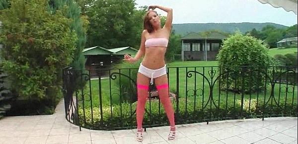  Horny skinny lady in sexy lingerie teasing in public garden